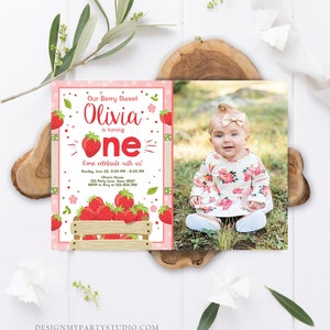 Editable Strawberry Birthday Invitation Girl First Birthday Berry Sweet Pink Download Printable Invitation Template Digital Corjl 0091 image 2