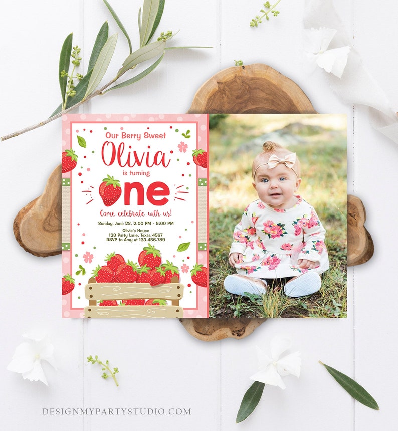 Editable Strawberry Birthday Invitation Girl First Birthday Berry Sweet Pink Download Printable Invitation Template Digital Corjl 0091 image 2