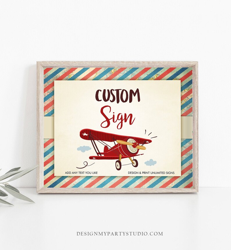 Editable Airplane Custom Sign Travel Adventure Baby Shower Birthday Sign Vintage Red Airplane Boy Pilot 8x10 Download PRINTABLE Corjl 0011 image 1