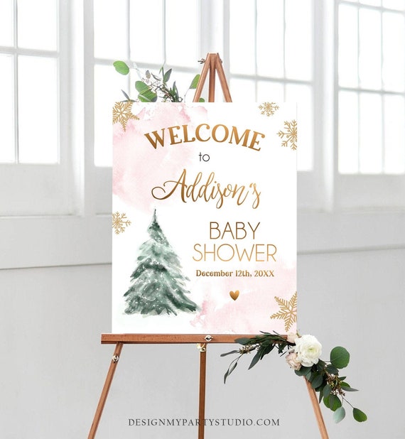 Editable Winter Tree Welcome Sign Tree Watercolor Baby Shower Girl Baby It's Cold Outside Snowflake Pink Gold Corjl Template Printable 0363 Il_570xn