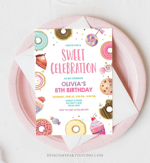 Editable Sweet Celebration Invitation Candy Birthday Invite Sweet Shoppe Donuts Girl Pink Sweets Candy Instant Download Digital Corjl 0339 Il_570xn