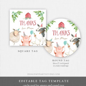 K&ouml;nnte beinhalten: Editierbare Dankesch&ouml;n-Tag-Vorlage mit einer Aquarell-Illustration eines roten Scheunens, eines Schweins, eines Schafs, einer Kuh und einer Gans. Der Text "THANKS" und "Love. Mason" ist auf dem Tag enthalten. Die Vorlage kann f&uuml;r quadratische und runde Tags verwendet werden.