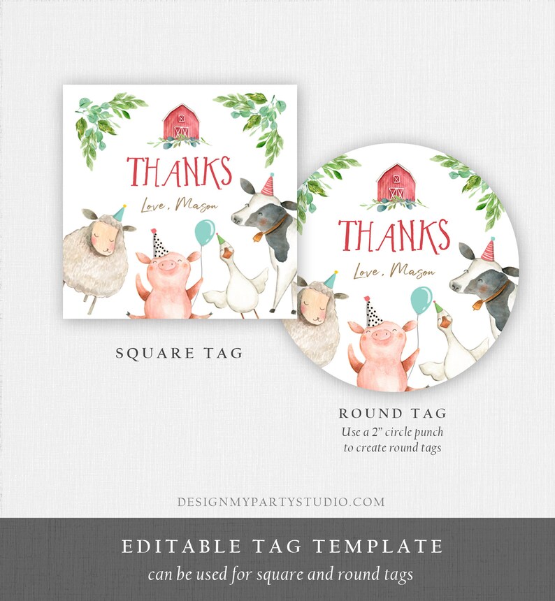 K&ouml;nnte beinhalten: Editierbare Dankesch&ouml;n-Tag-Vorlage mit einer Aquarell-Illustration eines roten Scheunens, eines Schweins, eines Schafs, einer Kuh und einer Gans. Der Text "THANKS" und "Love. Mason" ist auf dem Tag enthalten. Die Vorlage kann f&uuml;r quadratische und runde Tags verwendet werden.