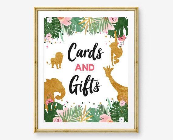 Cards And Gifts Sign Table Decor Wild One Birthday Sign Gift Table Black Gold Pink Girl Party Animals Wild Zoo Party Jungle PRINTABLE 0016 Il_570xn