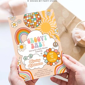 May include: Groovy Baby Shower invitation with a rainbow, peace sign, and a disco ball. The invitation is for Marley Anderson and is set for August 12th at 2:00 PM.