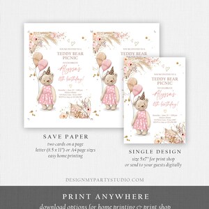 May include: Printable invitation for a teddy bear picnic birthday party. The invitation features a pink teddy bear with a party hat, balloons, and floral accents. The text on the invitation reads "You're invited to a Teddy Bear Picnic to celebrate Alyssa's 6th birthday!"