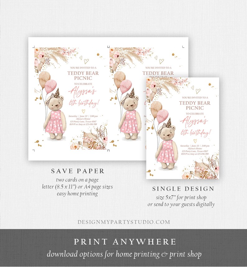 May include: Printable invitation for a teddy bear picnic birthday party. The invitation features a pink teddy bear with a party hat, balloons, and floral accents. The text on the invitation reads "You're invited to a Teddy Bear Picnic to celebrate Alyssa's 6th birthday!"