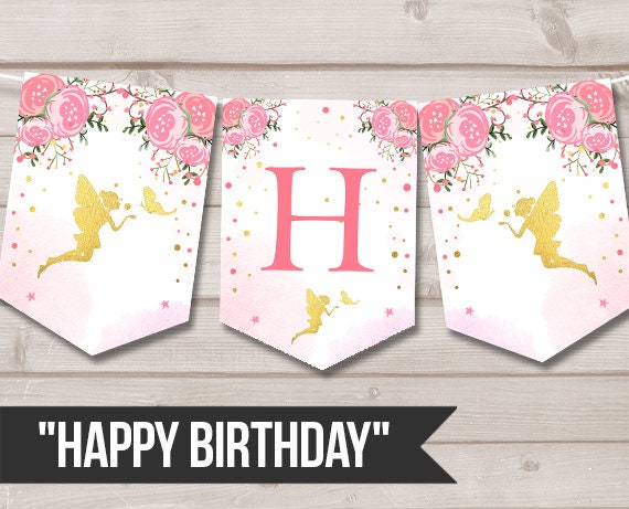 Fairy Birthday Banner Fairy Party Fairy Banner Pennant Banner Magical Garland Elves Pink gold Girl Butterfly Garden Digital PRINTABLE 0208 Il_570xn