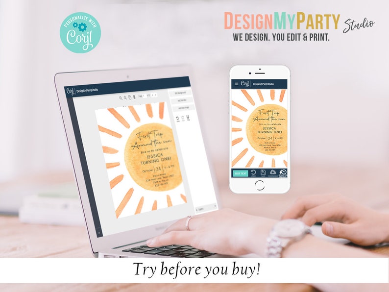 May include: A laptop screen shows a preview of a digital invitation with a watercolor sun design. The invitation text reads "First Trip Around the Sun" and "Jessica Turning One!" The invitation is being edited on a website called "DesignMyParty Studio".