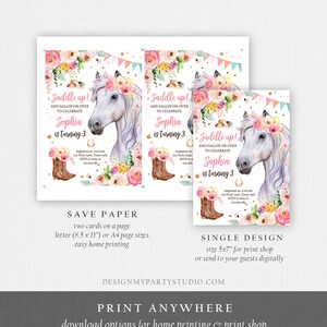 May include: Printable invitation for a girl's 3rd birthday party with a horse and floral theme. The invitation says "Saddle up! And gallop on over to celebrate Sophia is turning 3".