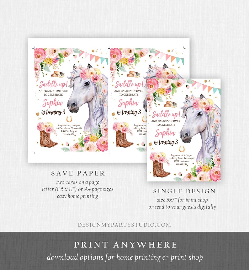 May include: Printable invitation for a girl's 3rd birthday party with a horse and floral theme. The invitation says "Saddle up! And gallop on over to celebrate Sophia is turning 3".