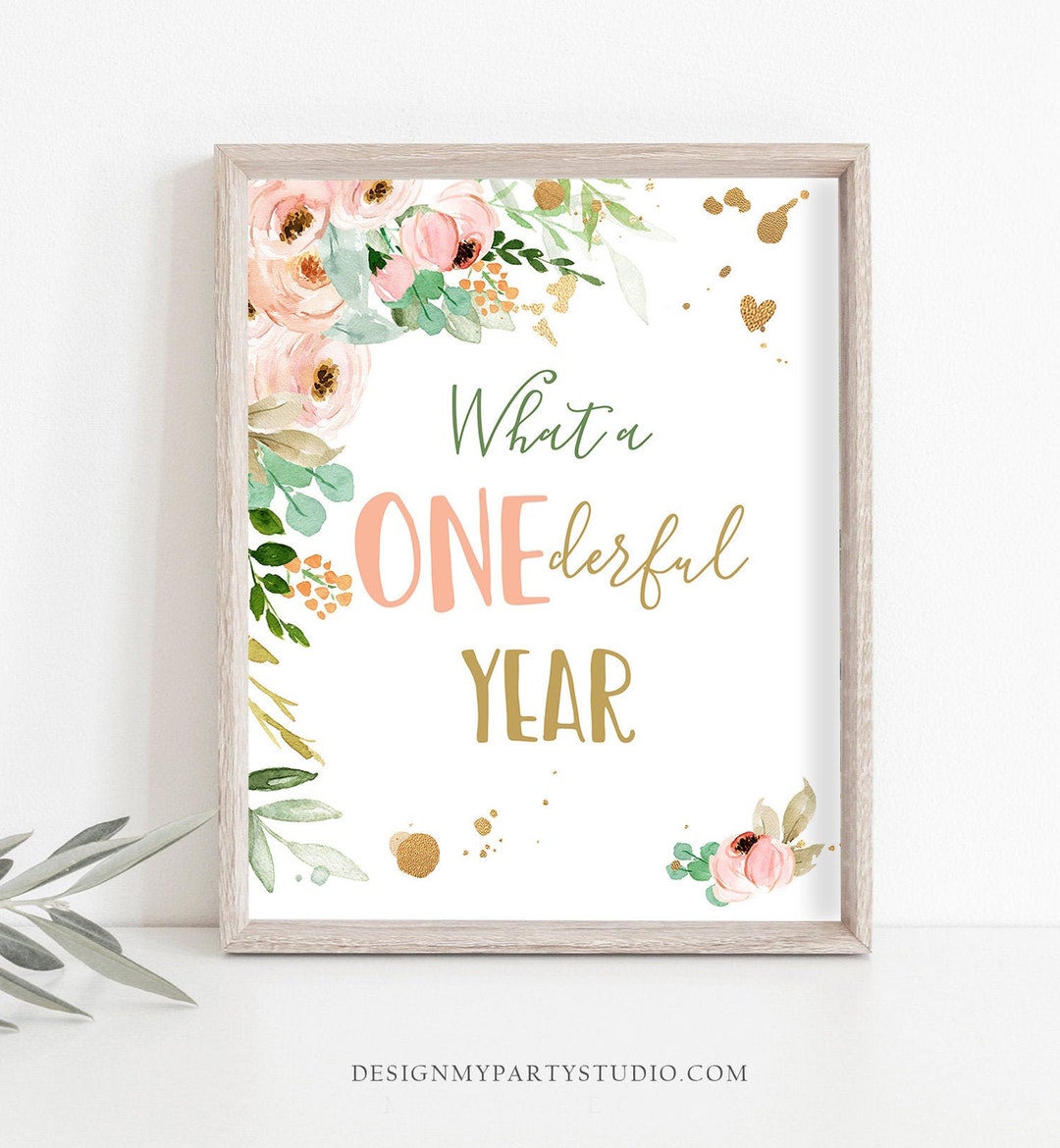 First Birthday Sign 1st Birthday Party Sign Flowers Pink and Gold Coral ...