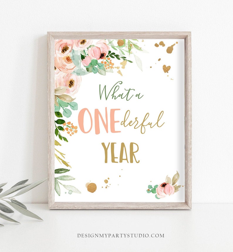 First Birthday Sign 1st Birthday Party Sign Flowers Pink and Gold Coral Onederful Year Sign Miss Onederful Digital Download Printable 0147 image 1