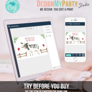 Puede incluir: Una pantalla de ordenador que muestra un dise&ntilde;o de juego imprimible "Pin the Tail on the Cow". El juego presenta una vaca de dibujos animados con manchas blancas y negras y un globo rojo. El dise&ntilde;o es personalizable y se puede editar en l&iacute;nea. El texto "Pin the Tail on the Cow" se muestra en la pantalla.
