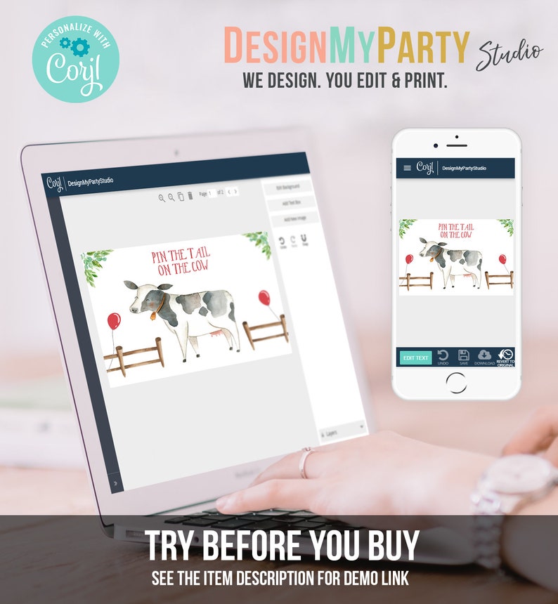 Puede incluir: Una pantalla de ordenador que muestra un dise&ntilde;o de juego imprimible "Pin the Tail on the Cow". El juego presenta una vaca de dibujos animados con manchas blancas y negras y un globo rojo. El dise&ntilde;o es personalizable y se puede editar en l&iacute;nea. El texto "Pin the Tail on the Cow" se muestra en la pantalla.