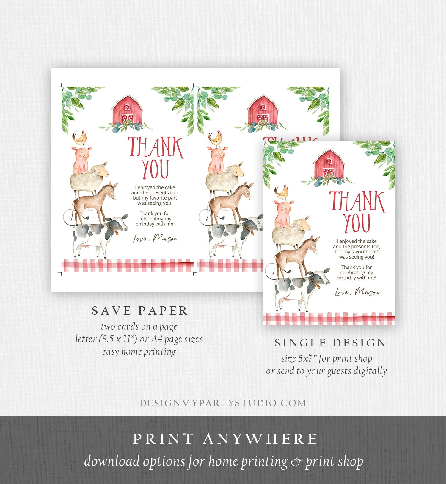 Editable Farm Animals Thank You Card Red Gingham Farm Birthday - Etsy