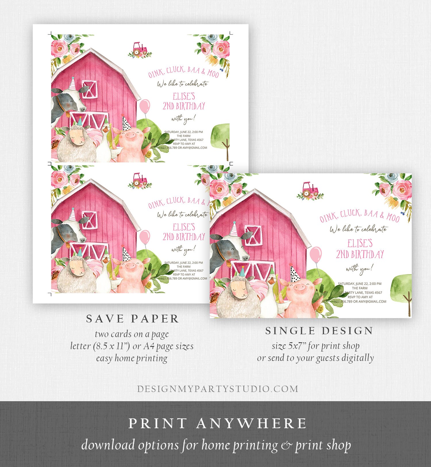 Editable Farm Birthday Invitation Girl Farm Animals Pink Floral ...