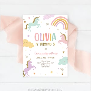May include: A colorful invitation with a rainbow, clouds, and unicorns. The text reads "Olivia is turning 8! Come party with us! June 22, 4:00-6:00 PM Allison's House 123 Party Lane, Texas 4567 RSVP to Amy at 123.456.789"