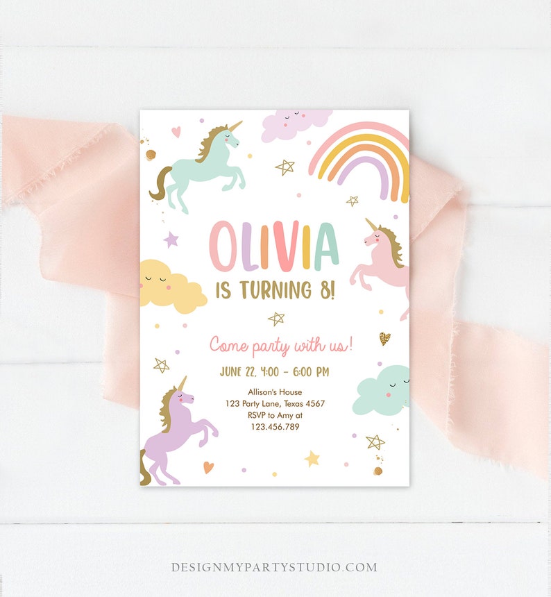 May include: A colorful invitation with a rainbow, clouds, and unicorns. The text reads "Olivia is turning 8! Come party with us! June 22, 4:00-6:00 PM Allison's House 123 Party Lane, Texas 4567 RSVP to Amy at 123.456.789"