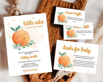 Editable Little Cutie Is On The Way Baby Shower Invitation Set Bundle Cutie Invitation Suite Orange Digital Corjl Template Printable 0430