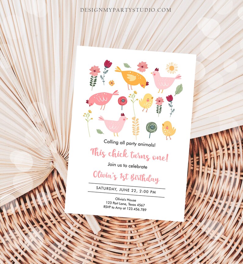 Editable Little Chick Birthday Invitation Girl Spring Birthday Party Farm Barnyard Chicken Easter Download Corjl Template Printable 0446 image 3