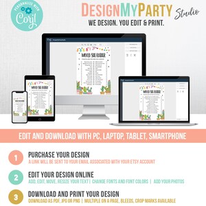 May include: A digital mockup of a printable "Would She Rather" game with a cactus theme. The game is shown on a computer screen, tablet, and smartphone. The text "DesignMyParty Studio" is at the top of the image. The text "We Design. You Edit & Print." is below the logo. The text "Edit and Download with PC, Laptop, Tablet, Smartphone" is below the mockups. The text "Purchase Your Design" is in a green circle with the number 1. The text "Edit Your Design Online" is in a blue circle with the number 2. The text "Download and Print Your Design" is in a yellow circle with the number 3.