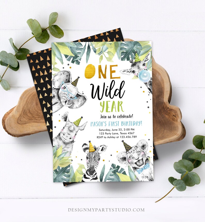 Editable One Wild Year Birthday Invitation Safari Party Animals Boy Gold First Birthday Wild One Monochrome Corjl Template