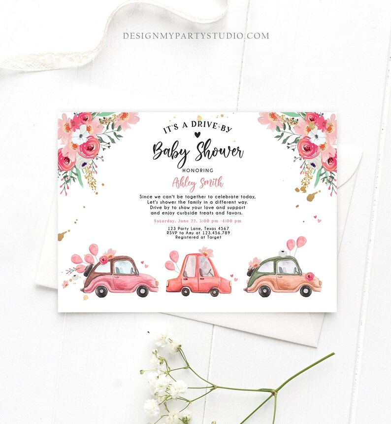 Editable Drive by Baby Shower Invitation Pink Girl Baby Shower Etsy