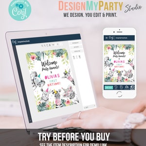 May include: A laptop and smartphone display a party invitation design. The invitation features watercolor illustrations of animals, floral accents, and the text "Welcome Party Animals! OLIVIA'S FIRST BIRTHDAY!" The design is from DesignMyParty Studio.
