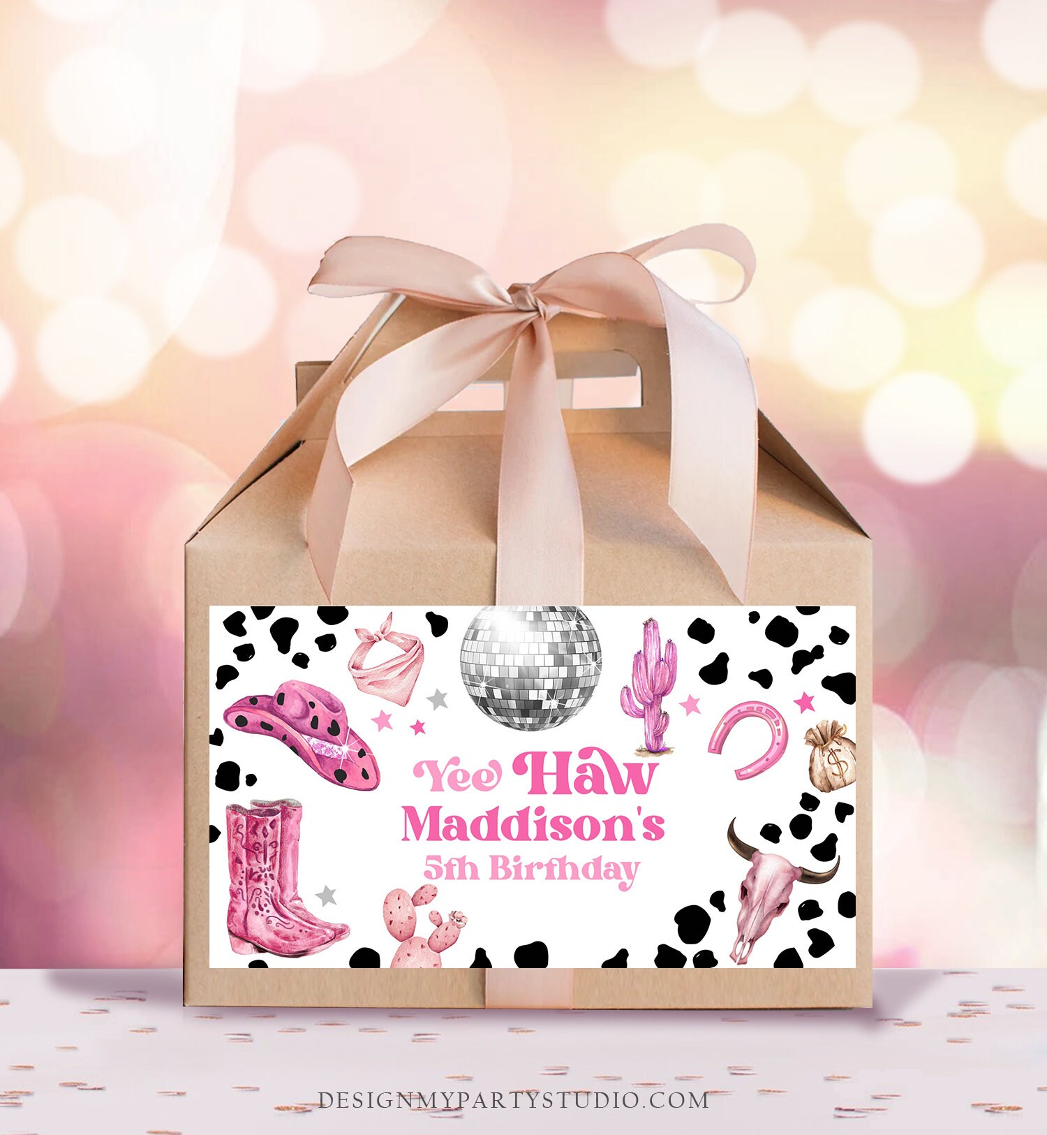 Pink Rodeo Theme Gable Box Editable Space Cowgirl Birthday Party Gable Box Favor Label Disco ...