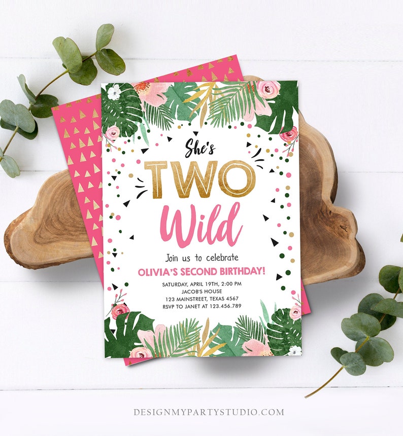 Editable Two Wild Birthday Invitation Girl Tropical Safari Etsy