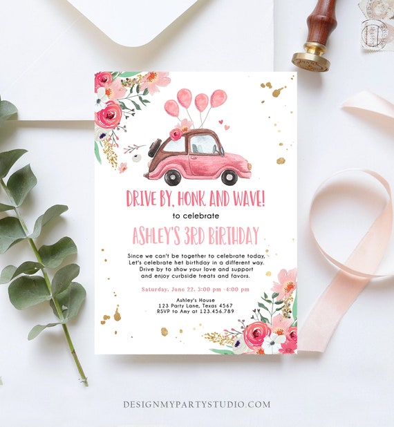 Editable Drive By Birthday Parade Invitation Virtual Party Invite Honk Wave Car Girl Pink Quarantine Instant Download Digital Corjl 0335 Il_570xn