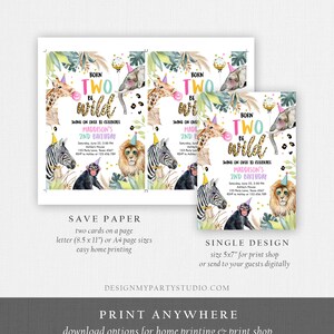 May include: Two printable invitations for a child's second birthday party. The invitations feature a jungle theme with a giraffe, lion, zebra, monkey, and elephant. The text on the invitations reads "Born to be Two Wild" and "Swing on over to celebrate Madison's 2nd Birthday".