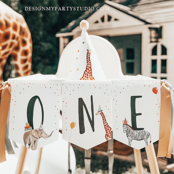 High Chair ONE Birthday Banner Party Animals Safari Animals Wild One First Birthday 1st Decorations Boy Girl Zoo Download Printable 0142