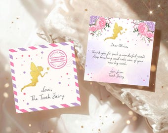 Bearbeitbarer Zahnfee-Buchstabe Zahnfee-Umschlag Fee Kit Meilenstein Zahn Rosa Lila Hinweis Mini Brief Digitale Vorlage zum Ausdrucken 0526