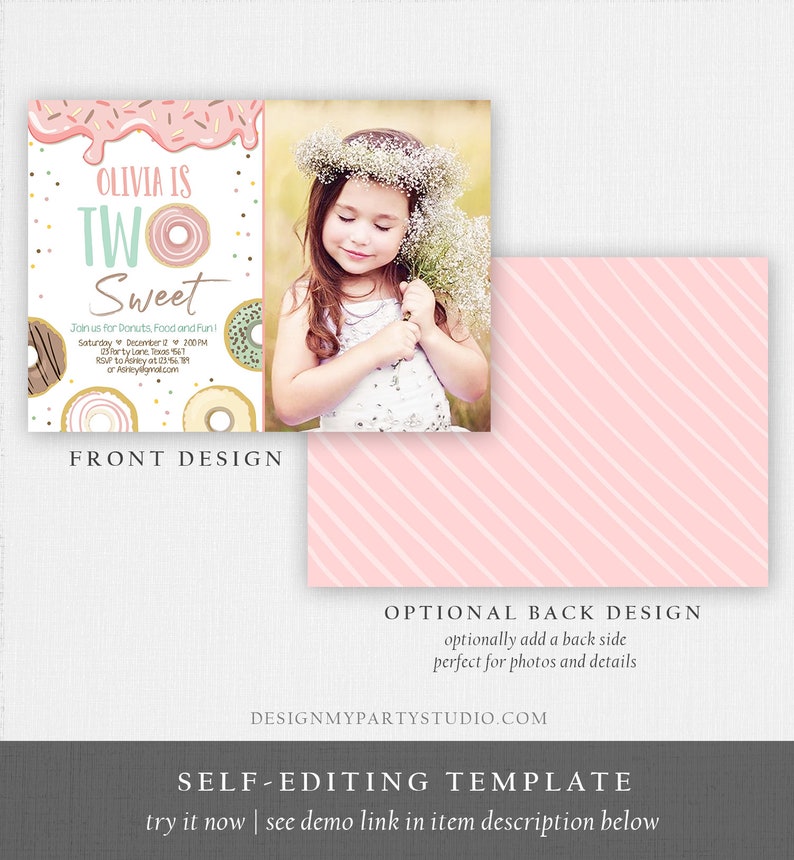 Editable Two Sweet Donut Birthday Invitation 2nd Birthday Girl Etsy