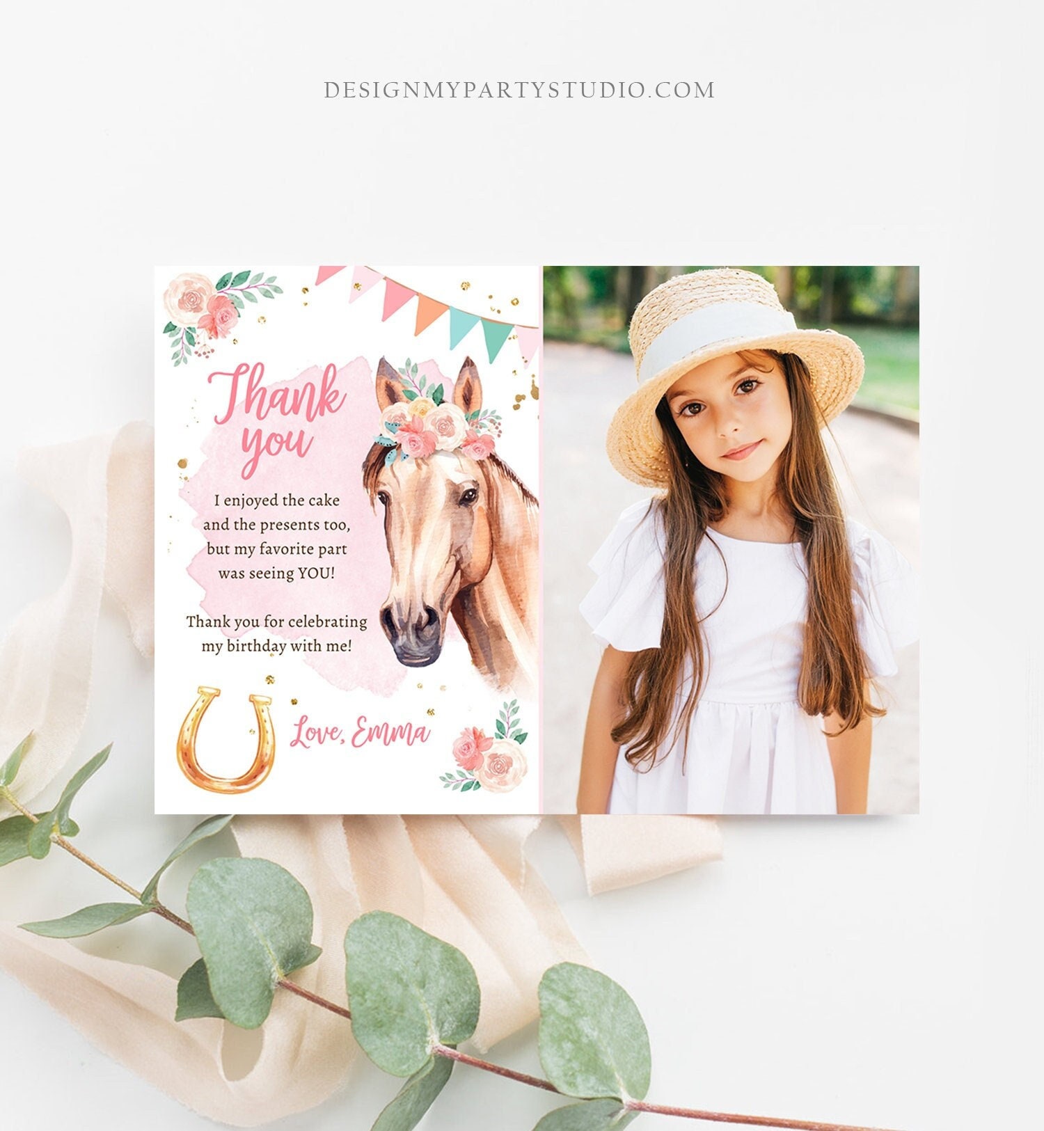 Editable Horse Thank You Card Note Girl Birthday Party Cowgirl ...