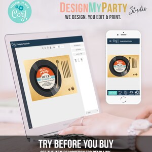May include: A computer screen displaying a customizable party invitation template with a vintage record player design. The invitation features the text "Let's Party!" and "Jacob is turning 5". The screen shows a preview of the invitation and editing options. The text "Try Before You Buy" and "See the item description for demo link" is displayed below the screen.