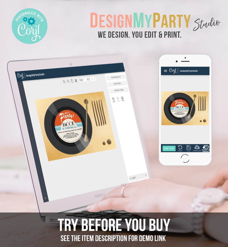 May include: A computer screen displaying a customizable party invitation template with a vintage record player design. The invitation features the text "Let's Party!" and "Jacob is turning 5". The screen shows a preview of the invitation and editing options. The text "Try Before You Buy" and "See the item description for demo link" is displayed below the screen.
