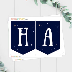 May include: A printable banner with the word "HA" in white letters on a dark blue background with gold stars. The banner is designed for a party or celebration.