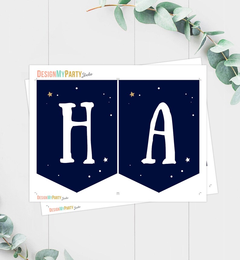 May include: A printable banner with the word "HA" in white letters on a dark blue background with gold stars. The banner is designed for a party or celebration.