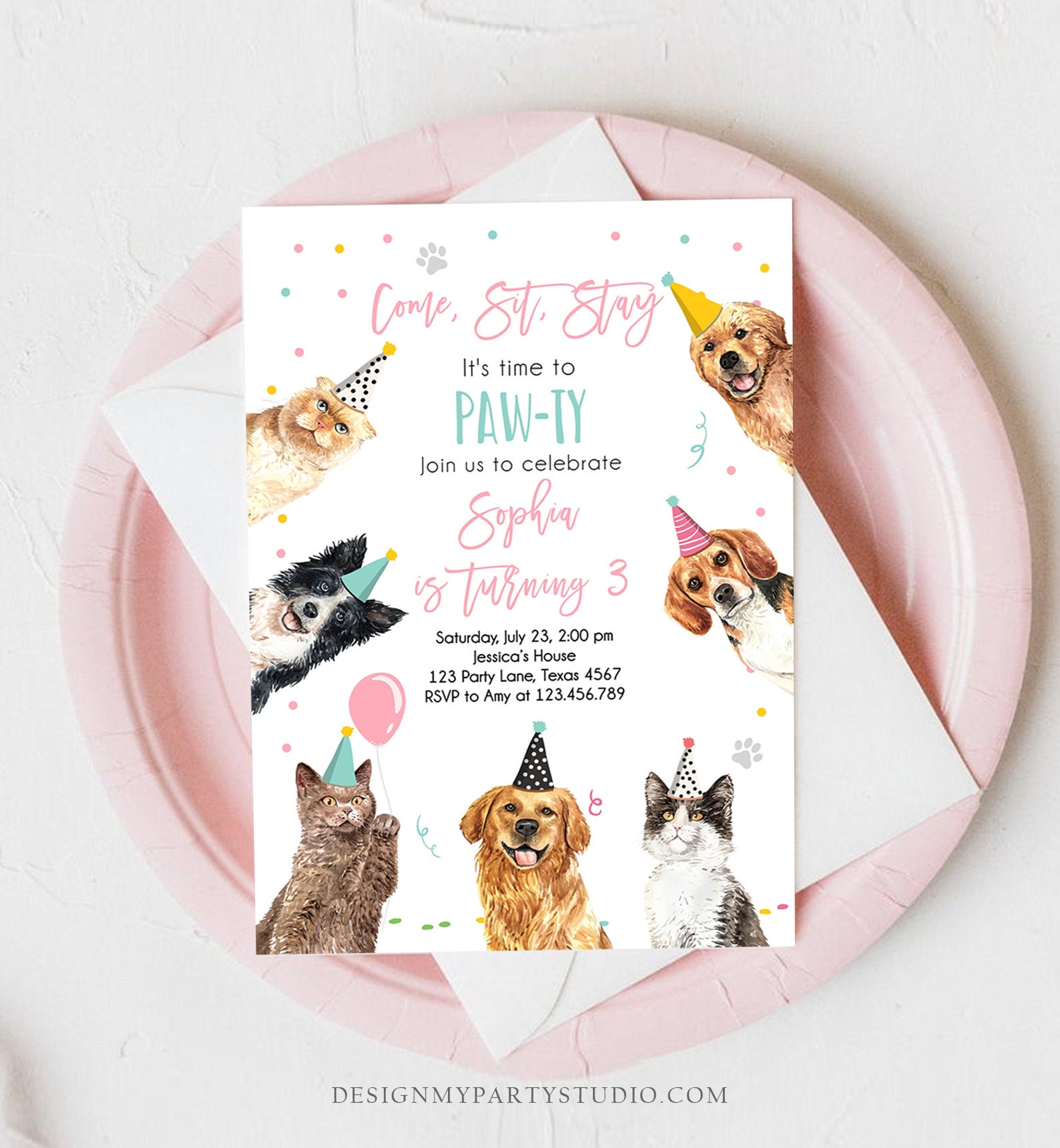 Editable Cats and Dogs Birthday Invitation Cat Dog Birthday Party ...