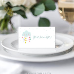 Editable Cloud Food Labels Raindrops Place Card Rain Drops Baby shower Tent Card Escort Card Baby Sprinkle Rainbow Printable Corjl 0036 image 2