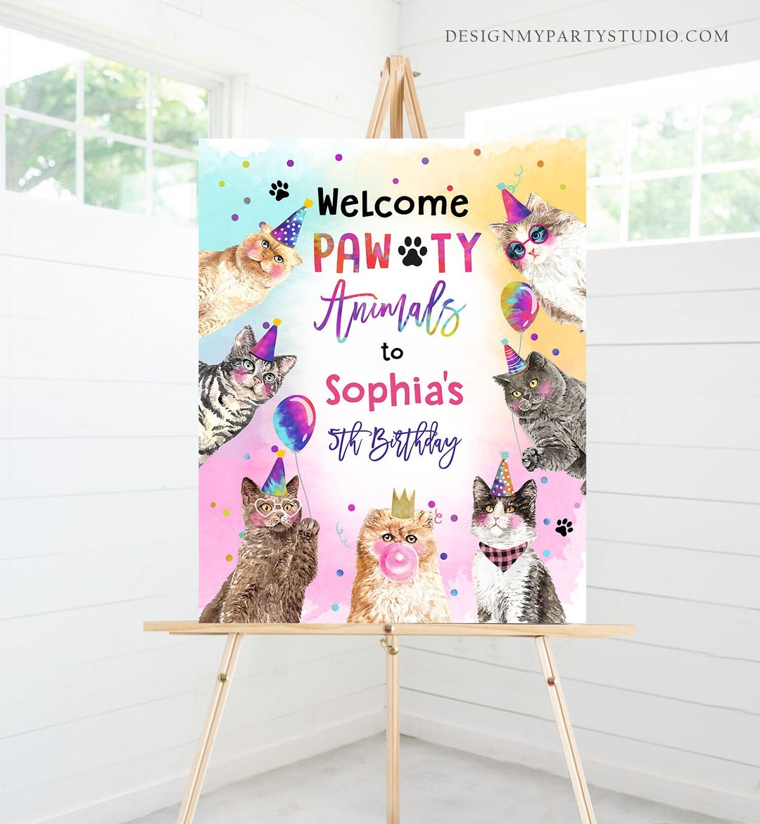 Editable Cat Birthday Party Welcome Sign Kitten Birthday Pink Girl ...