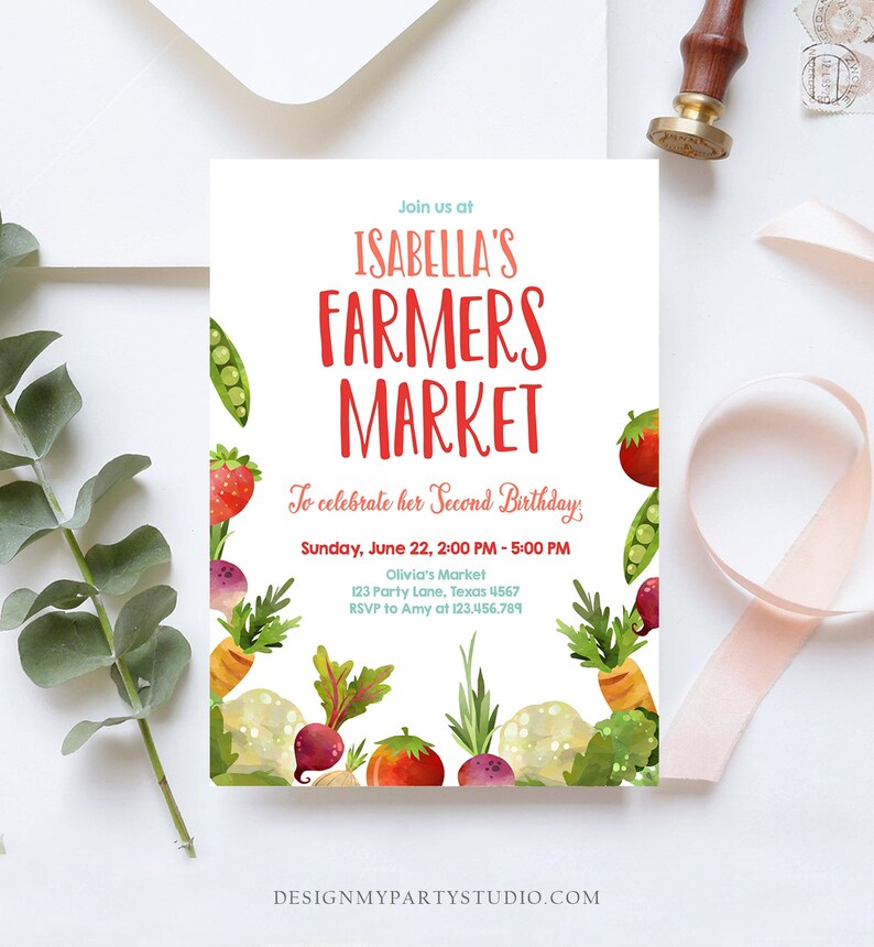 Editable Farmers Market Birthday Invitation Vegetables Locally Etsy