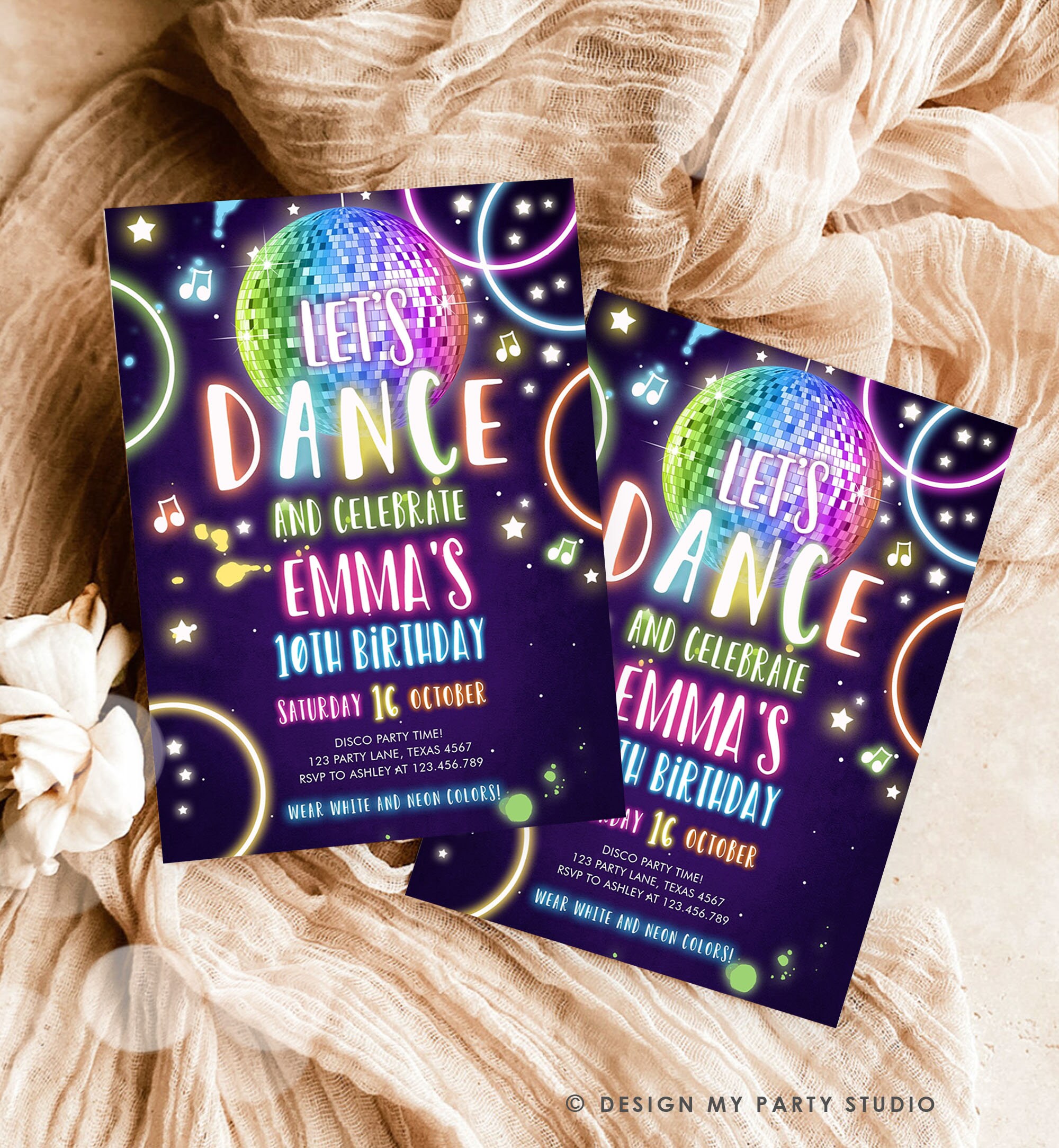 Editable Dance Party Birthday Invitation Disco Music Let's Dance Neon ...