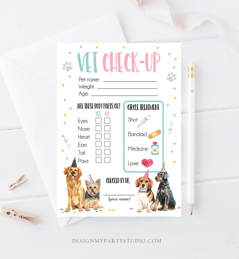 Vet Check Up Exam Sheet Pet Check-Up Dog Birthday Party Puppy Party Hospital Puppy Adoption Adopt a Pet Girl Pink Download Printable 0384 image 1