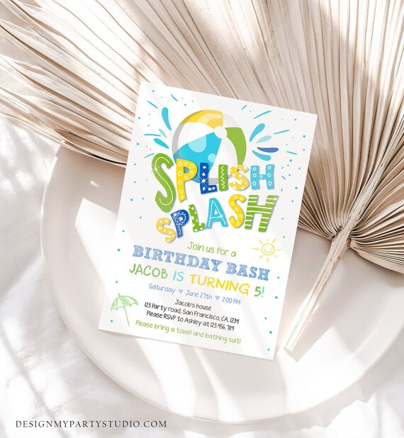 Editable Splish Splash Birthday Invitation Pool Party Boy Beach Ball Blue Green Birthday Bash Download Printable Invite Template Corjl 0169 Il_570xn
