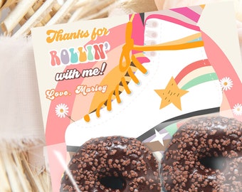 Editable Skate Treat Bag Inserts Retro Skate Birthday Party Favors Donuts Cookies Skating 70's Roller Rink Printable Corjl Template 0435