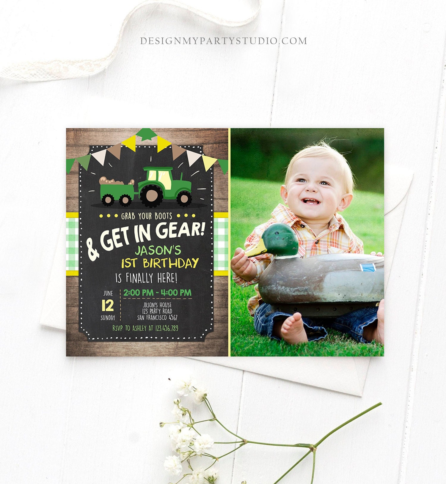 Editable Tractor Birthday Invitation Farm Birthday Barnyard Green ...